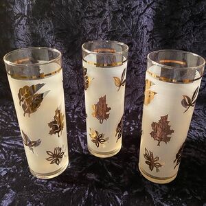 3 Vtg Libbey MCM Frosted Gold Leaf Tumbler Glasses Approx 7" tall